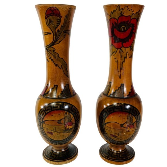 Vintage Set of 2 Wooden Vases Roses Floral Landscape South Western Mexican Decor - Picture 2 of 16